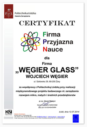 Certyfikat Firma przyjazna nauce, Węgier Glass, Politechnika Łódzka Certyfikat Firma przyjazna nauce, Węgier Glass, Politechnika Łódzka